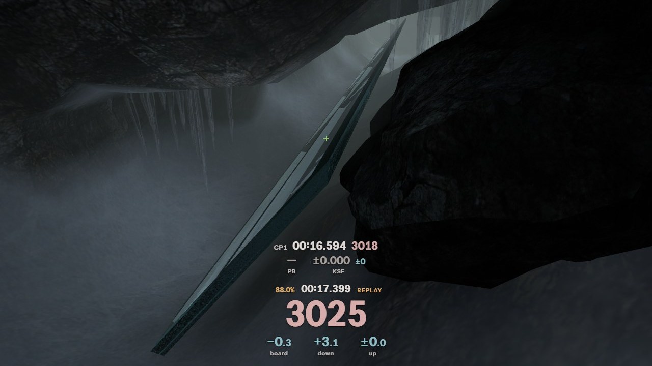 The full HUD on Boreas just after a checkpoint: split time and speed against the KSF record above the timer, speed 3025, and board, down and up values below.