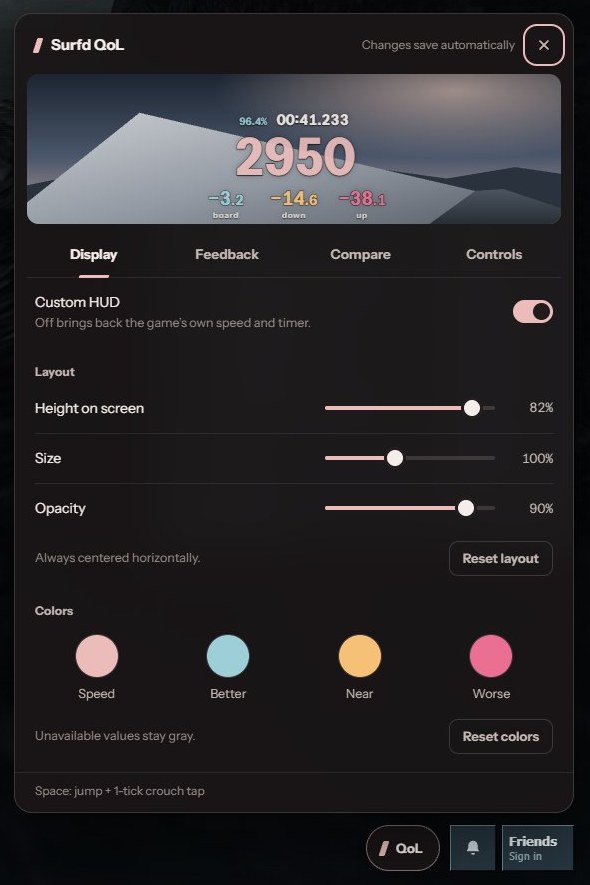 The Surfd QoL settings panel open in the game menu, with a live HUD preview, layout sliders and color choices.
